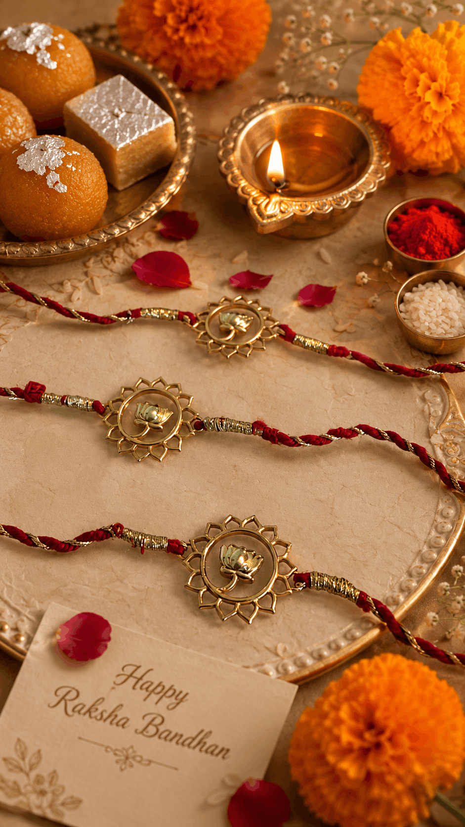 Three gold-plated Rakhi bracelets with red thread are arranged on a decorative tray alongside festive items including marigold flowers, a lit diya, sweets, and a greeting card that reads 'Happy Raksha Bandhan'.